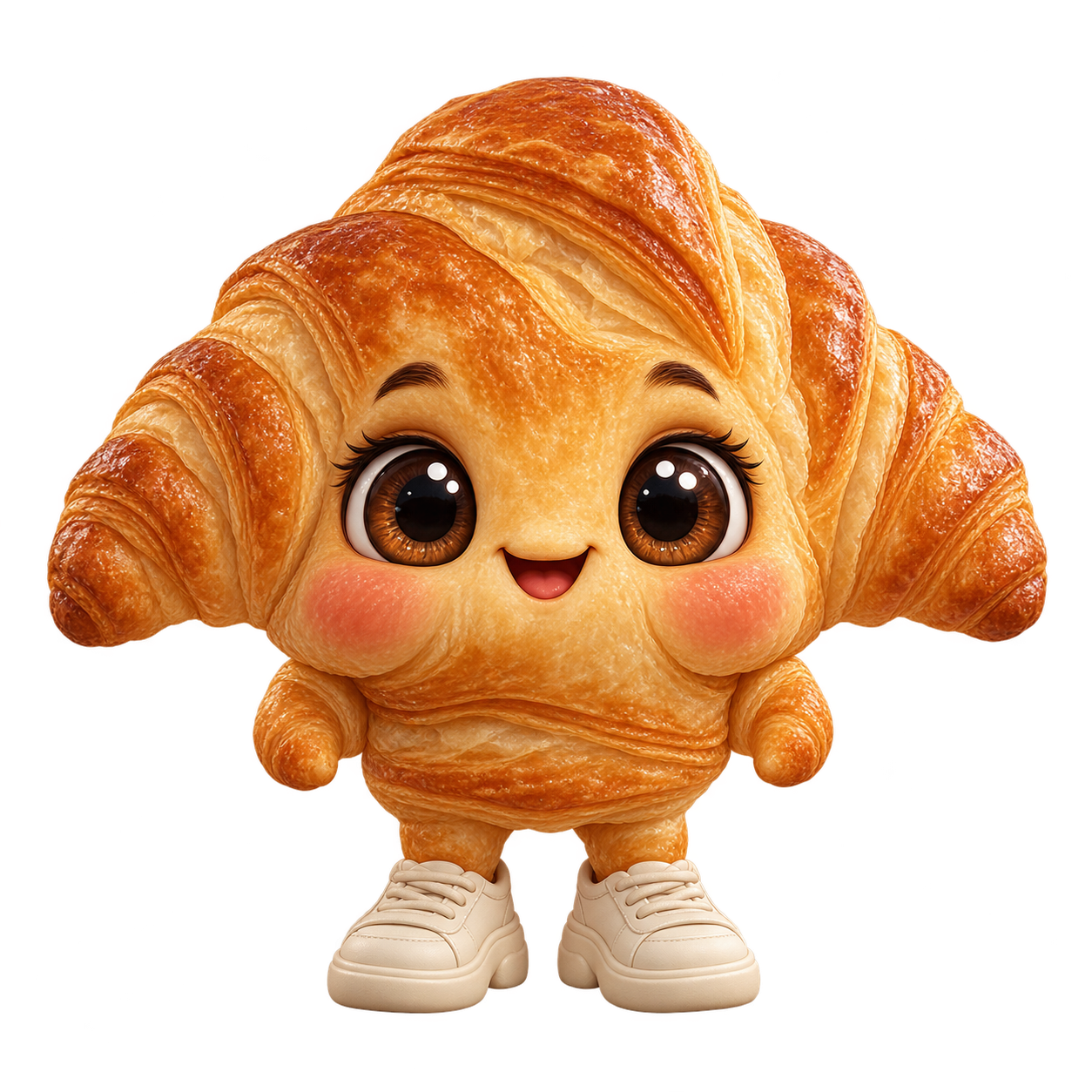 Crumbs, a smiling little croissant in cream sneakers